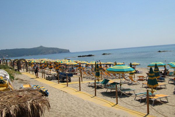 Una spiaggia con ombrelloni gialli e verdi, lettini e mare calmo in lontananza.