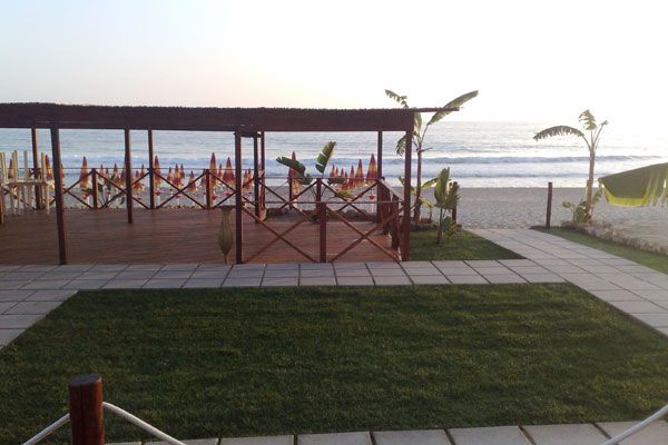 Una terrazza in legno con vista sul mare, circondata da prato e palme.