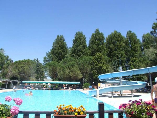 Una piscina con scivolo d'acqua, circondata da alberi e fiori.