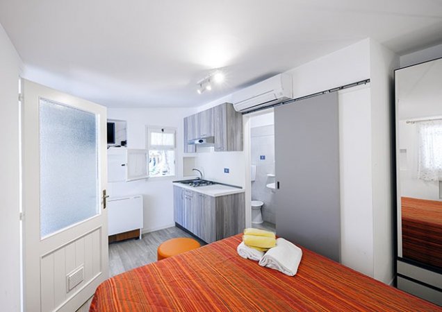 Camera con letto, cucina e bagno.